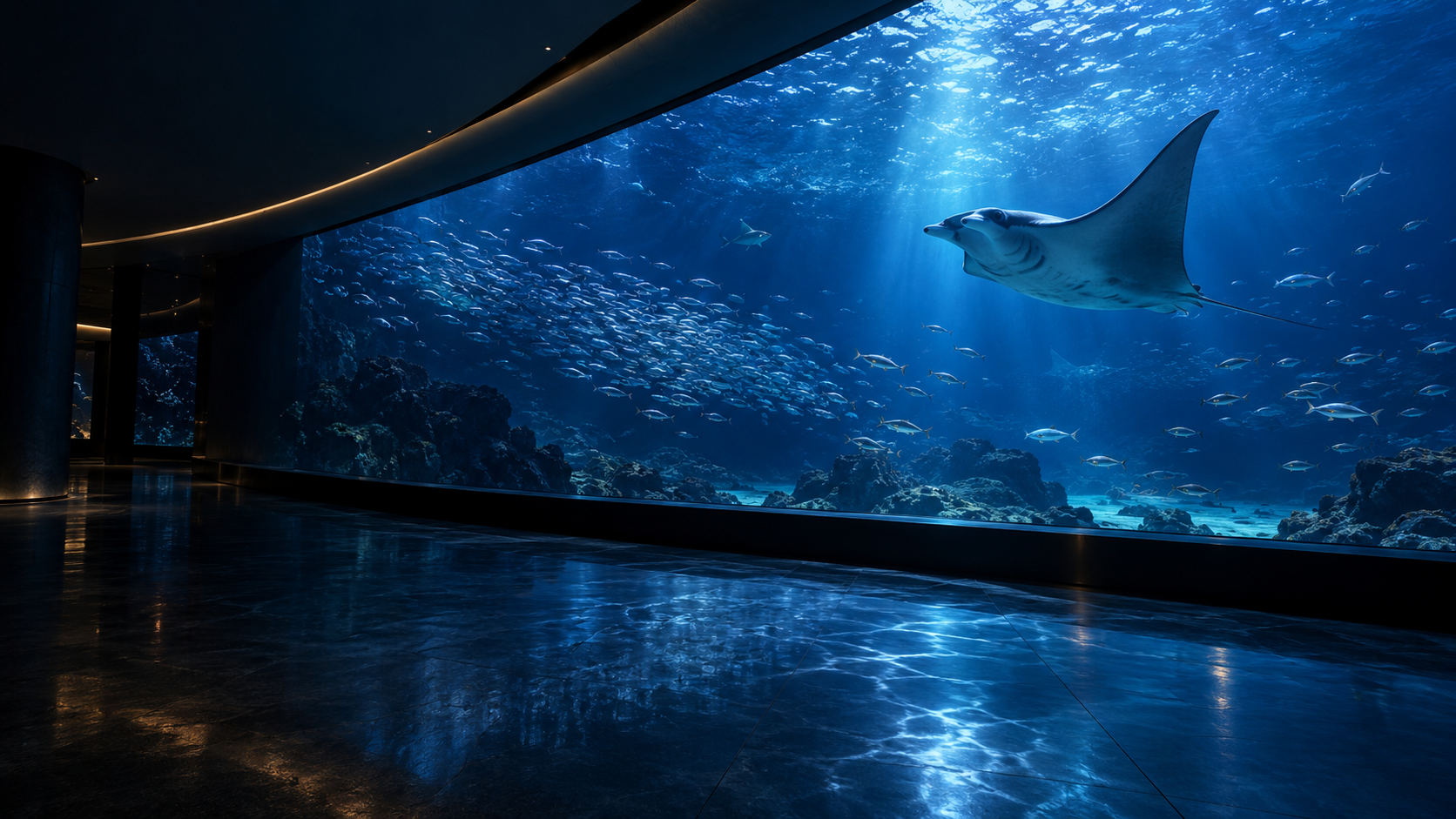 夜の水族館の大きな窓。青い水槽でエイと魚の群れが泳ぎ、館内の床に光が映る装飾画像。