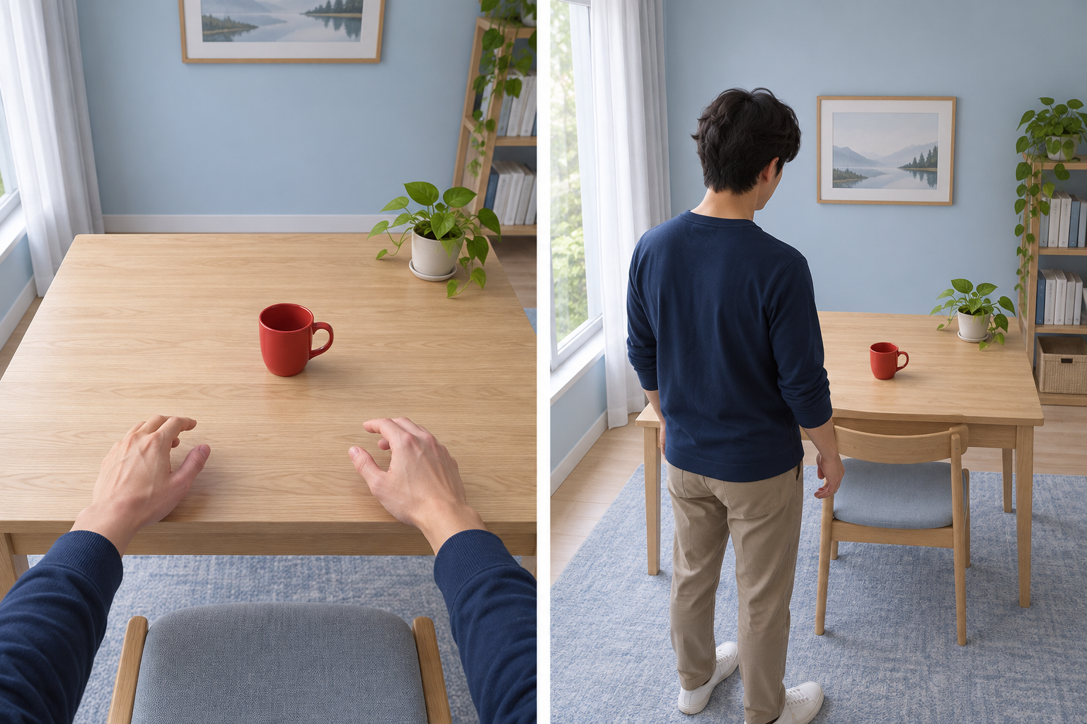 本人の眼から机と赤いコップを見る。自分の手も見える。