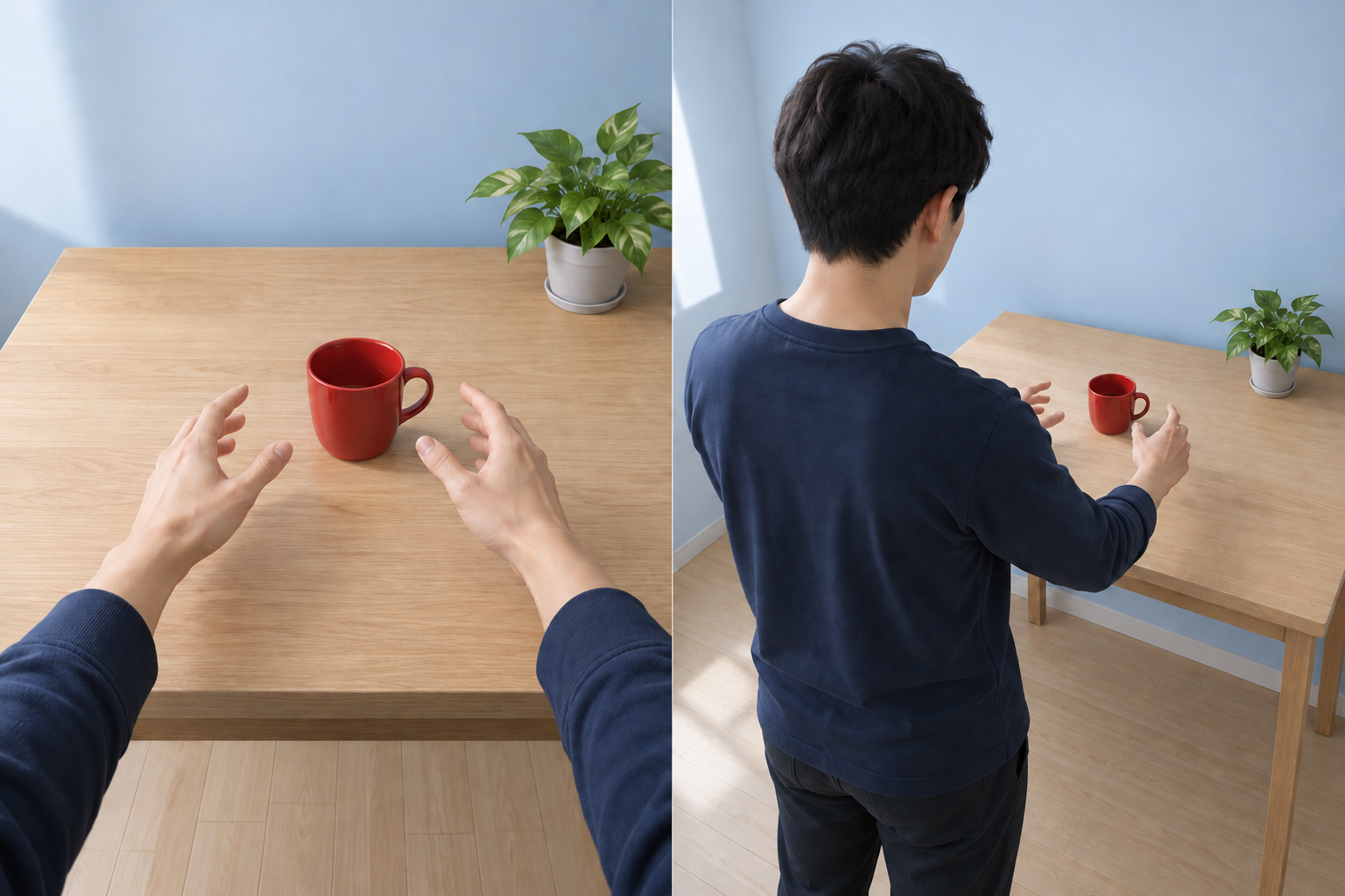 本人の眼から、カップへ伸ばした自分の両手を見る。