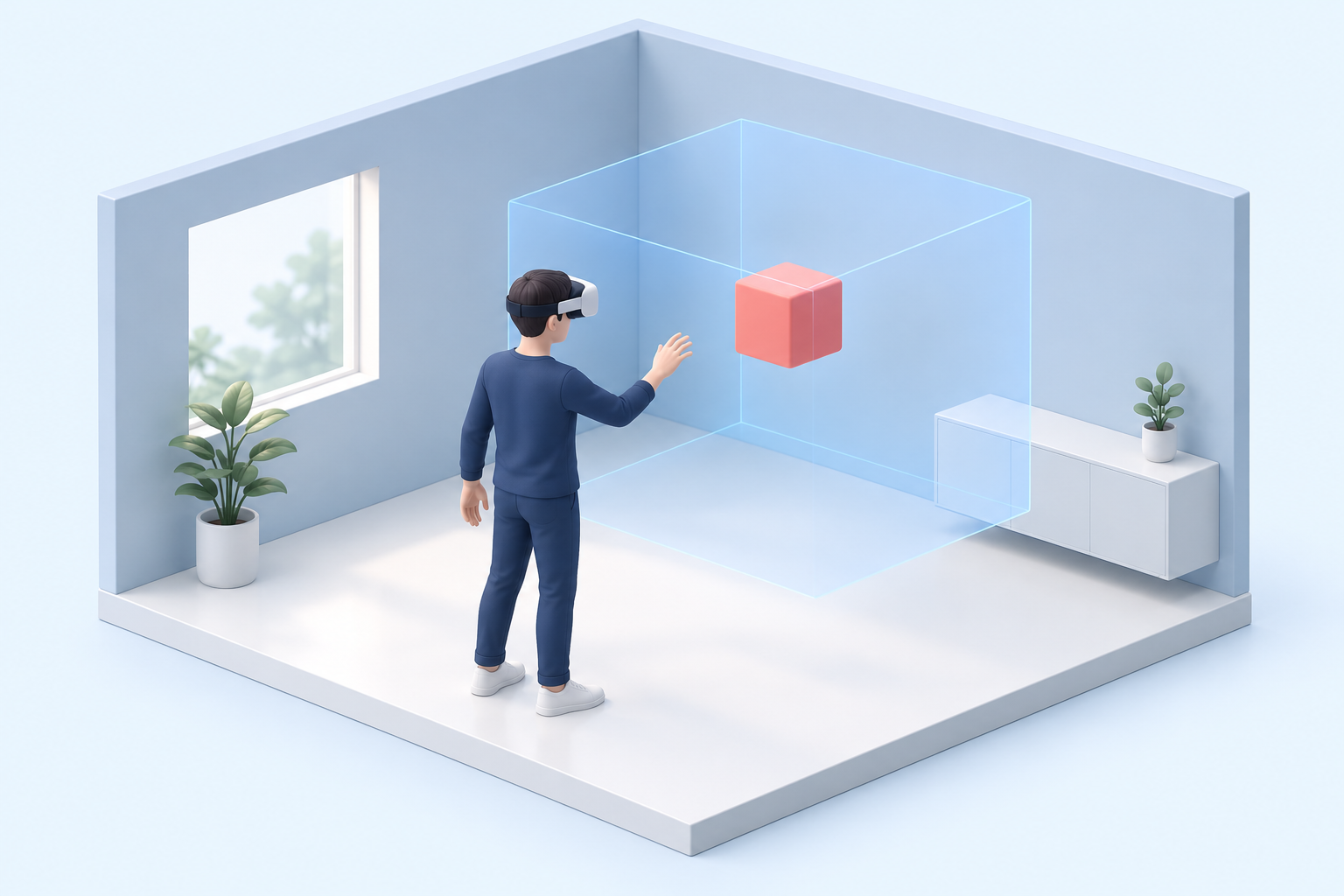 VRヘッドセットを着けた人が、部屋の中の仮想の赤い箱を見ているイメージ